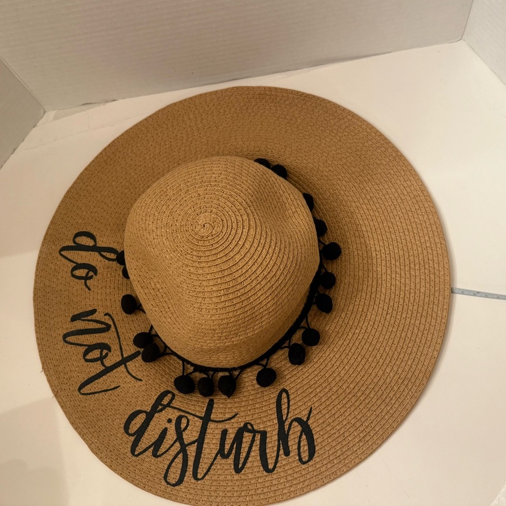 DO NOT DISTURB Tan Wide Brim Hat with Black Pom Poms BY SPRINKLED WITH PINK EUC